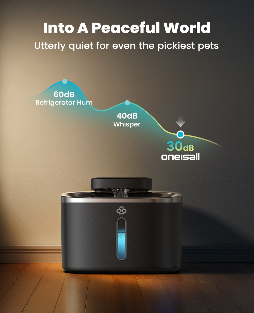 Oneisall 3.5L  Cordless Black Stainless Steel Pet Water Fountain with 3PCS Filters