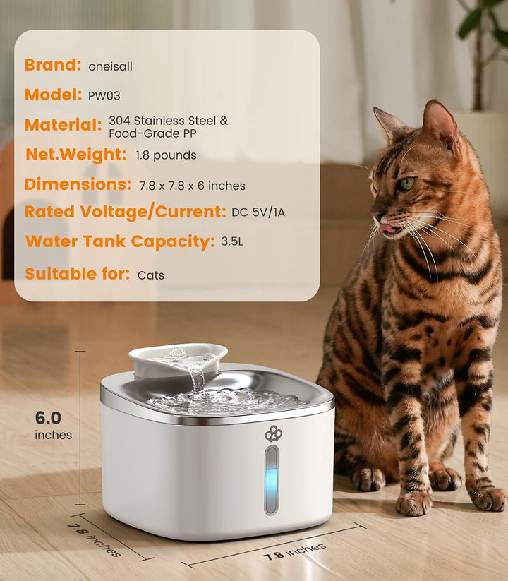 Oneisall 3.5L Corded White Pet Water Fountain with 3PCS Filters