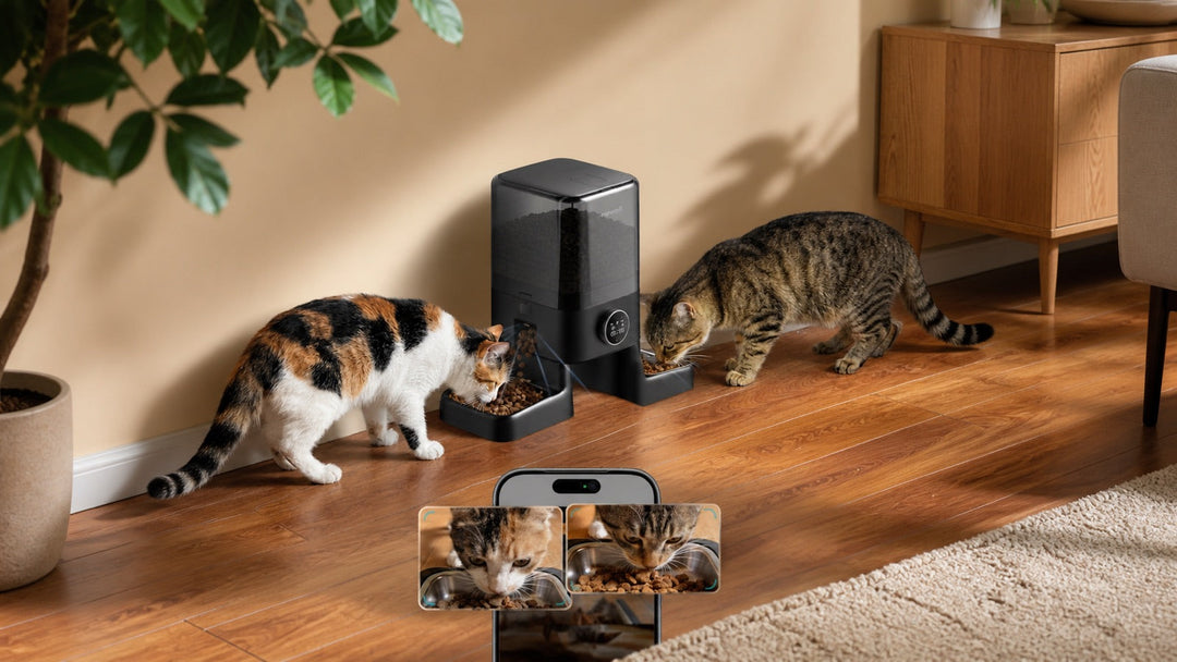 Dual-camera automatic cat feeder serving two cats from opposite bowls