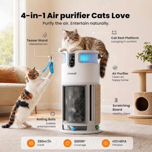 Oneisall 4-in-1 Pet Air Purifier for Homes with Pets, 360° Airflow