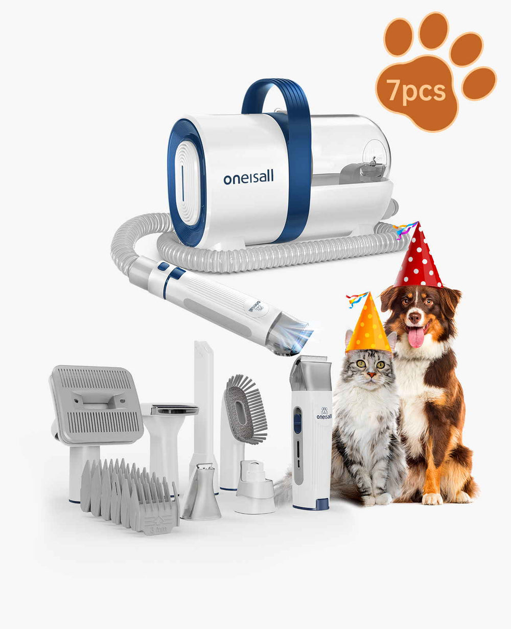 Oneisall Kit de toilettage pour animaux de compagnie et aspiration sous vide 99% poils d'animaux de compagnie avec des outils de toilettage pour animaux de compagnie épais et mince-7 PCS
