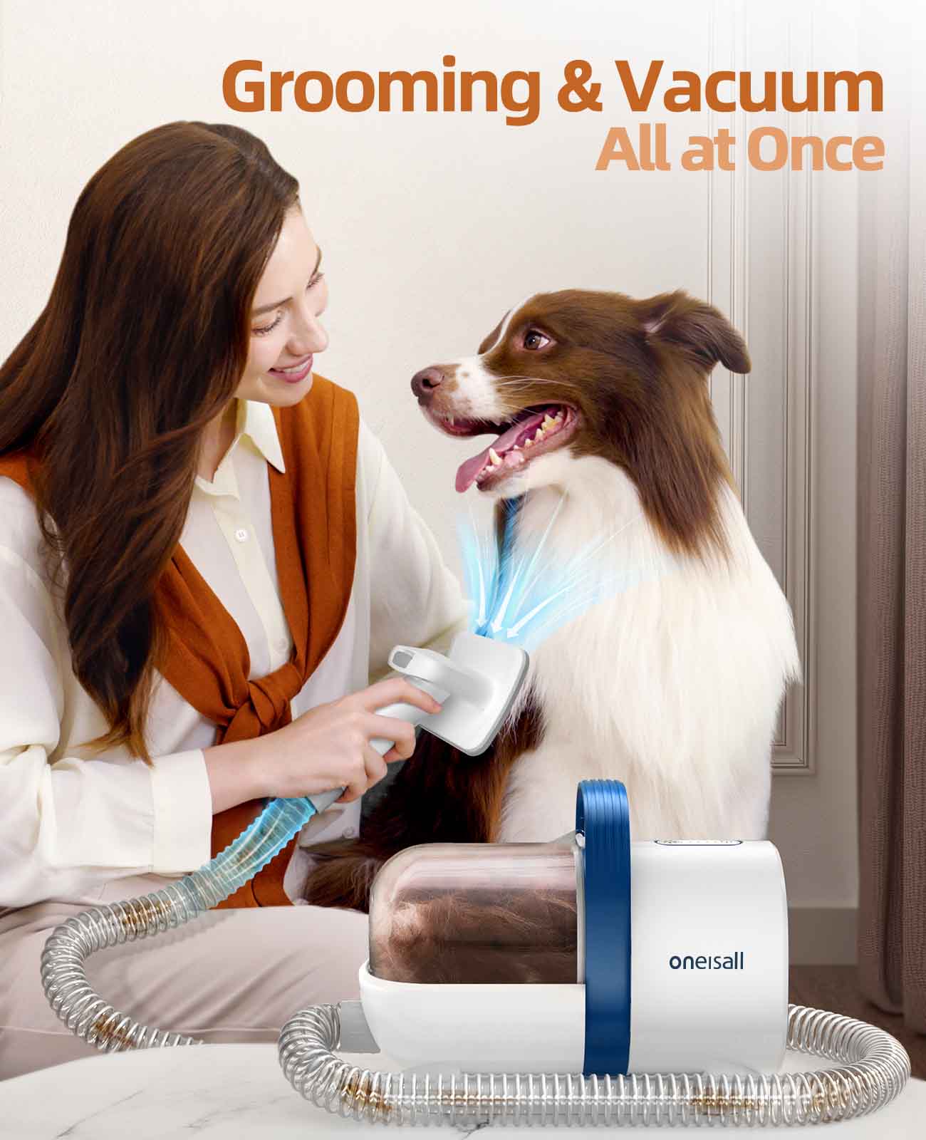 Oneisall Kit de toilettage pour animaux de compagnie et aspiration sous vide 99% poils d'animaux de compagnie avec des outils de toilettage pour animaux de compagnie épais et mince-7 PCS