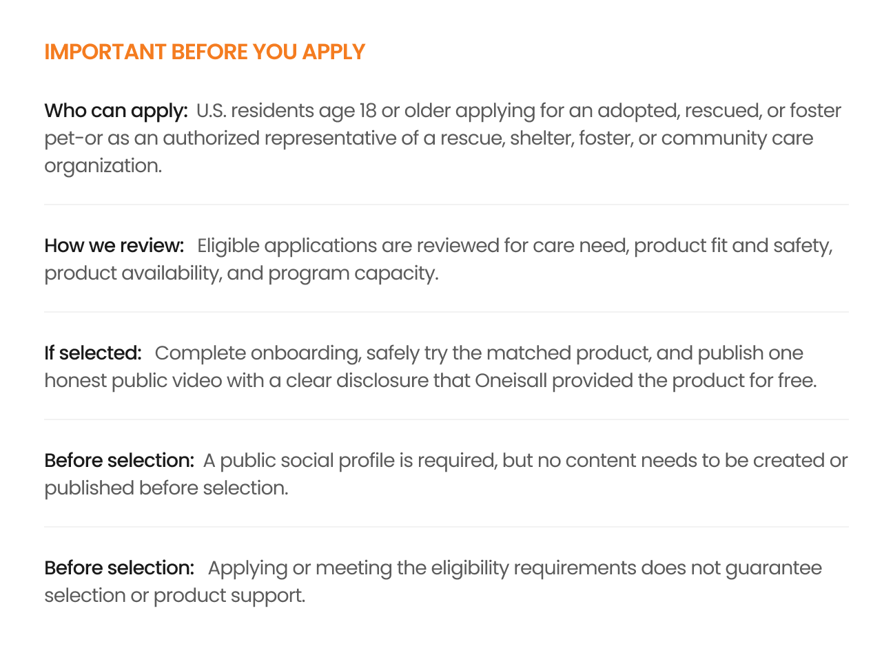 Tell Us Your Pet’s Story. Apply for Product Support.
