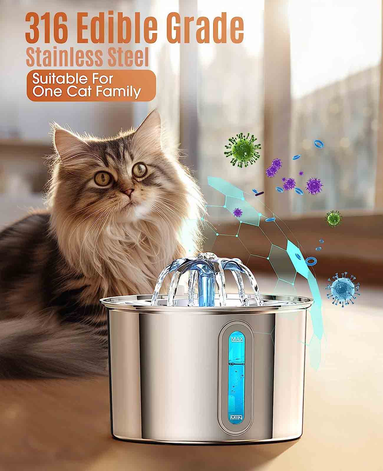 
                  
                    Oneisall Model-PWF-001 Abbeveratoio per gatti, filtro per l'acqua automatico silenzioso da 2 litri, abbeveratoio per animali domestici, acciaio inossidabile 316, filtri per ammorbidenti x 3 set
                  
                