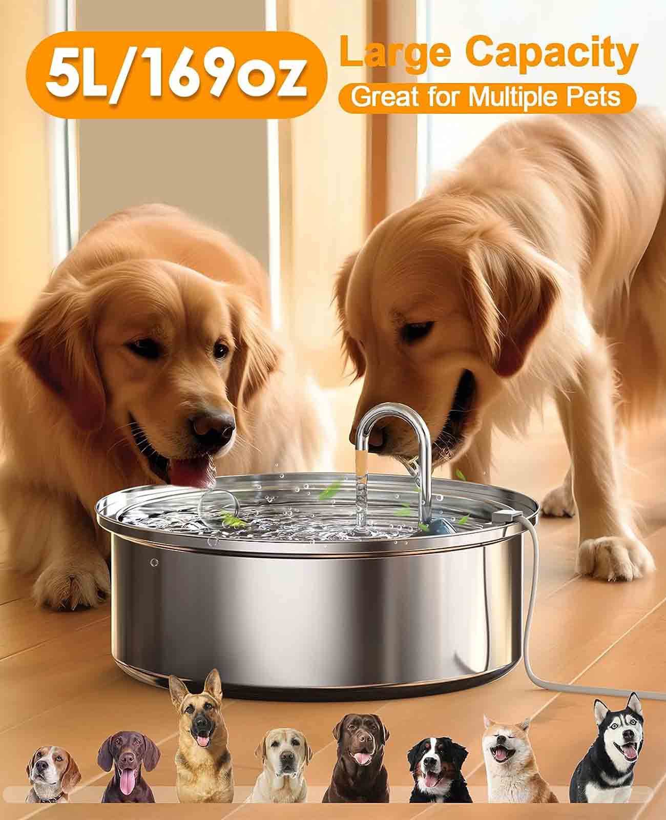 Oneisall Fontaine d'eau pour chien pour grands chiens, 7L/230oz/1.8G Fontaine pour chien en acier inoxydable super silencieuse avec triple filtration et pompe intelligente