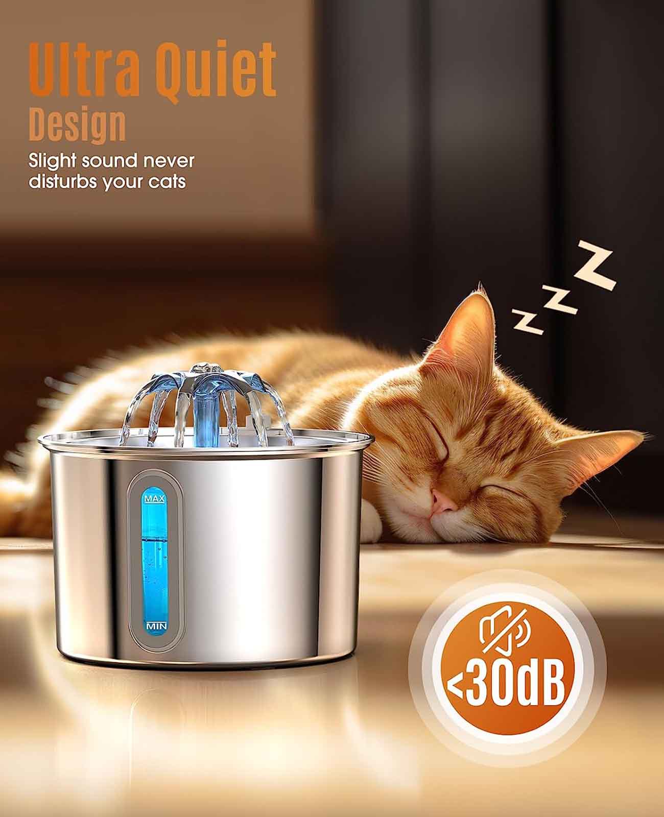 Buveur d'eau pour chat Model-PWF-001 Oneisall, filtre à eau automatique silencieux 2L, buveur d'eau pour animaux de compagnie, acier inoxydable 316, filtres adoucissants x 3 ensembles
