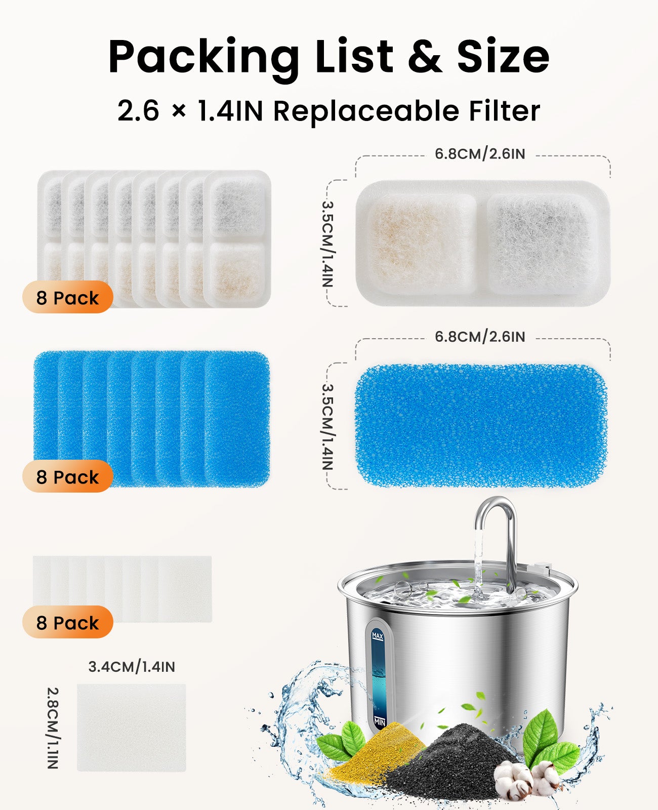 8PCS Carbon Filters for Cat Water Drinker 2L