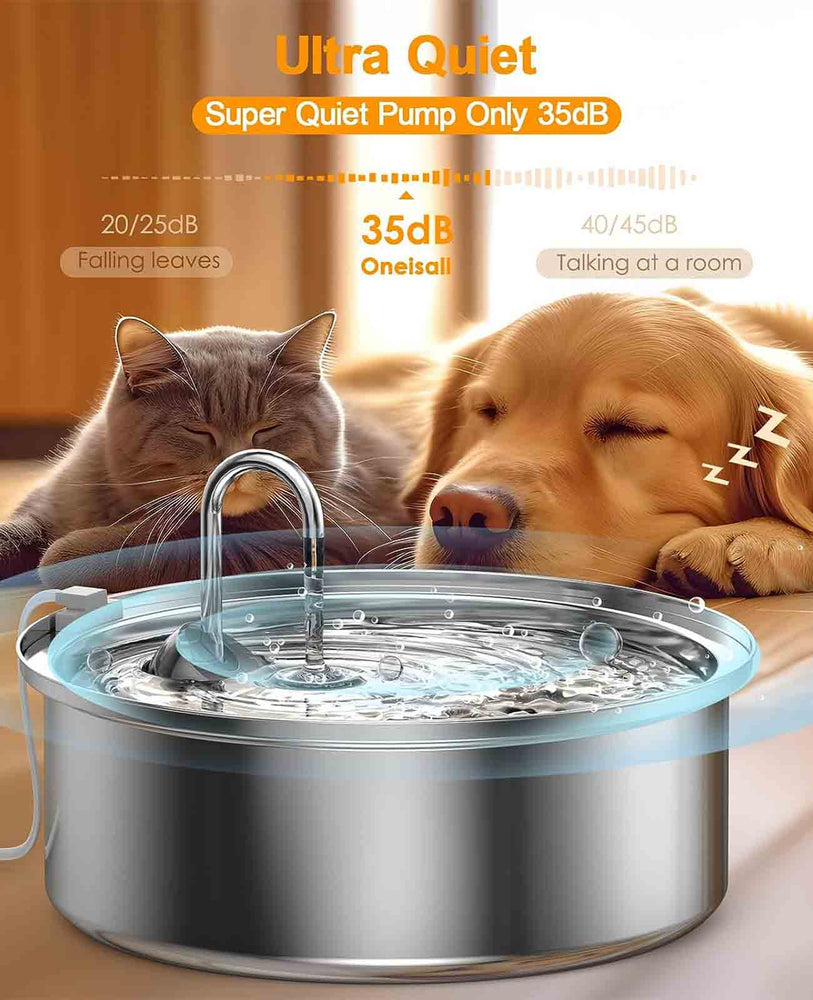 
                  
                    Oneisall Fontaine d'eau pour chien pour grands chiens, 7L/230oz/1.8G Fontaine pour chien en acier inoxydable super silencieuse avec triple filtration et pompe intelligente
                  
                
