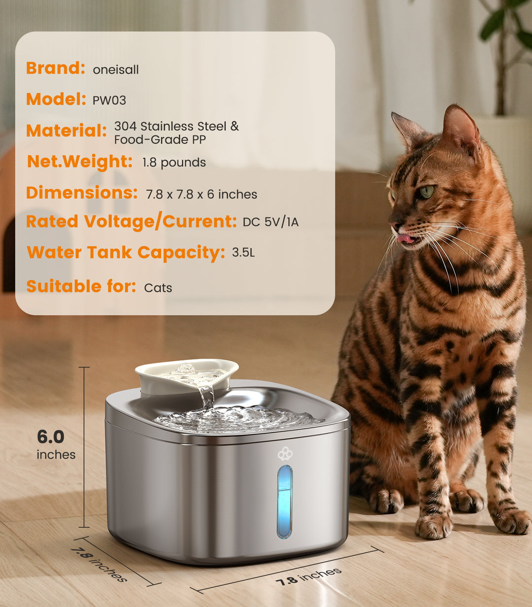 Oneisall 3.5L Smart Pet Water Fountain Stainless Steel