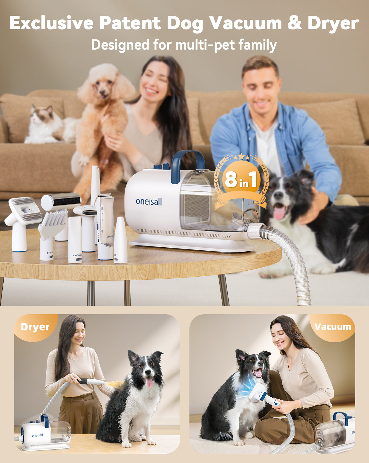 Cozy C1 - Oneisall Dog Grooming Vacuum Kit for Shedding Drying Trimming