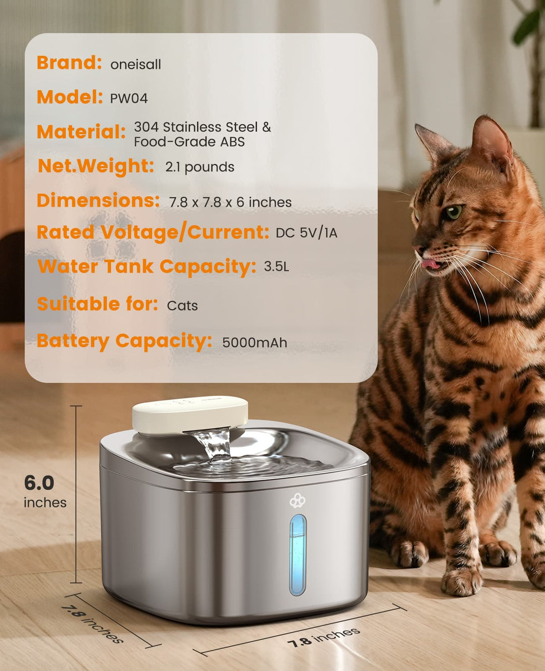Oneisall 3.5L Cordless Smart Pet Water Fountain with 11 PCS Filters