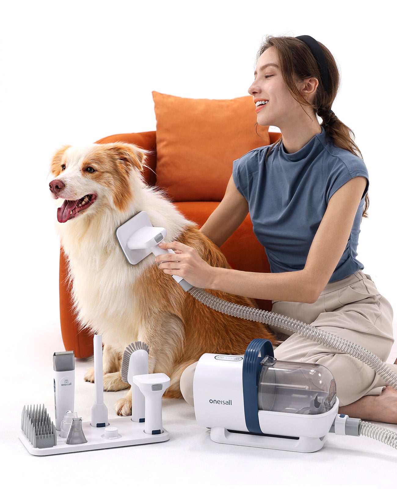 LM2-Ensemble d'aspirateur de toilettage pour chien Oneisall avec 7 en 1