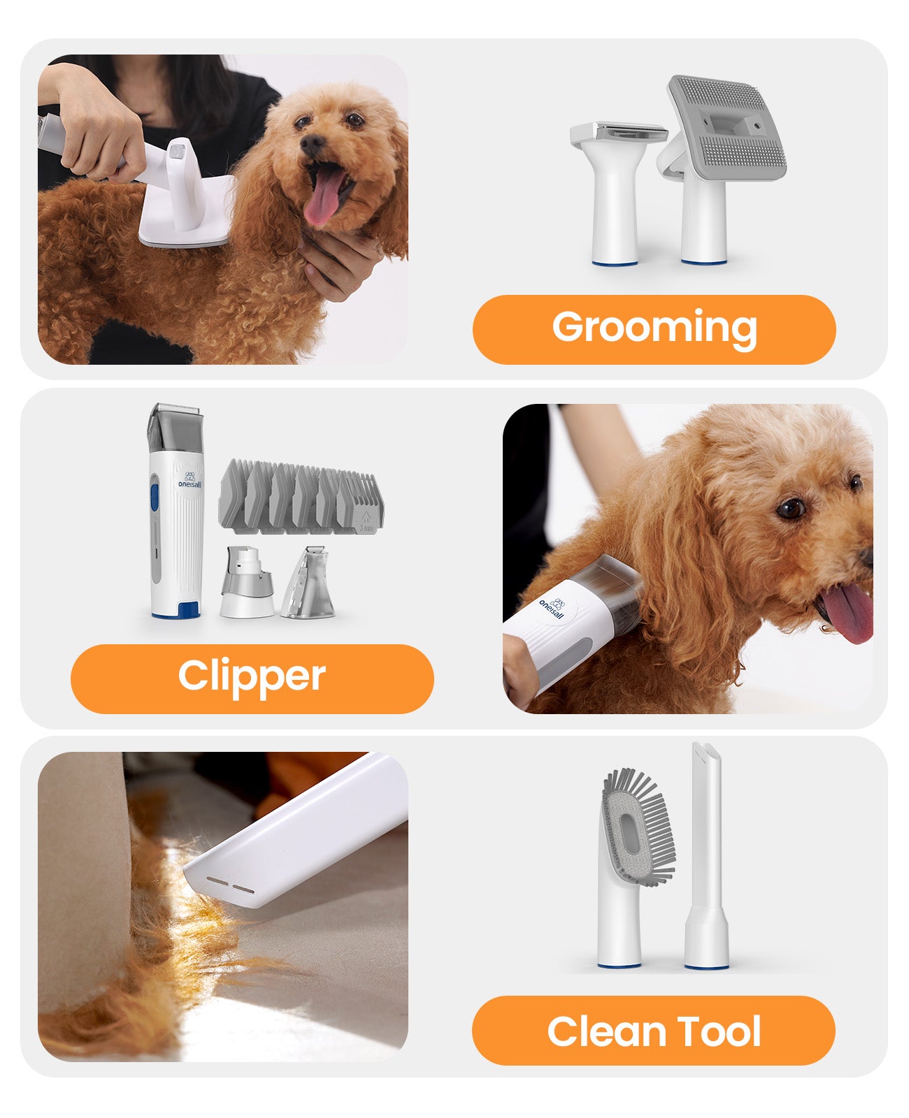 LM2-Ensemble d'aspirateur de toilettage pour chien Oneisall avec 7 en 1