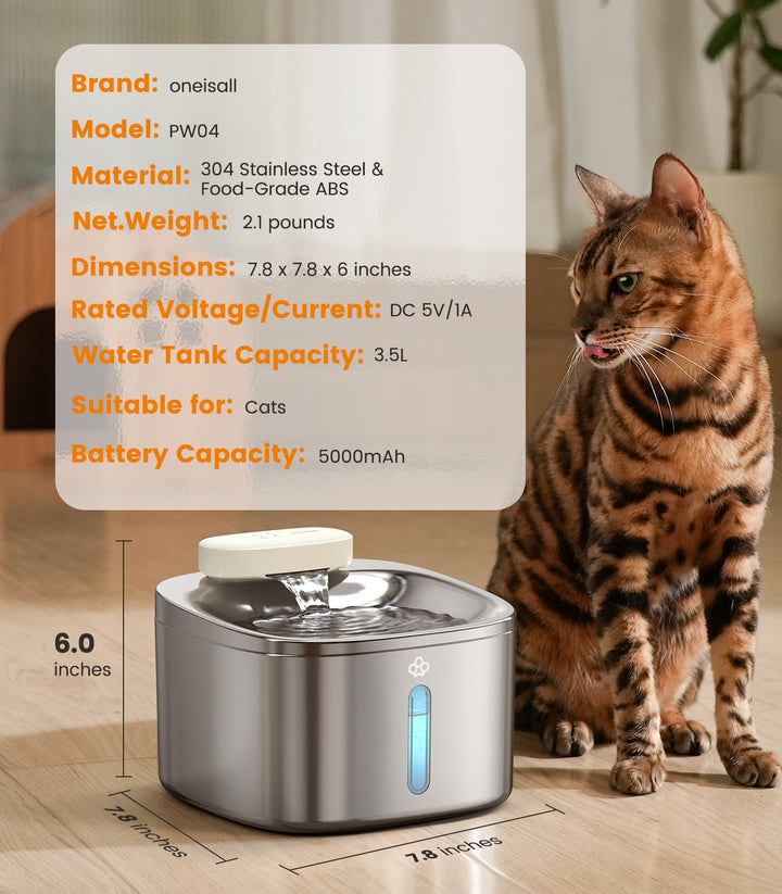 Oneisall 3.5L Cordless Smart Pet Water Fountain Stainless Steel with 3PCS Filters