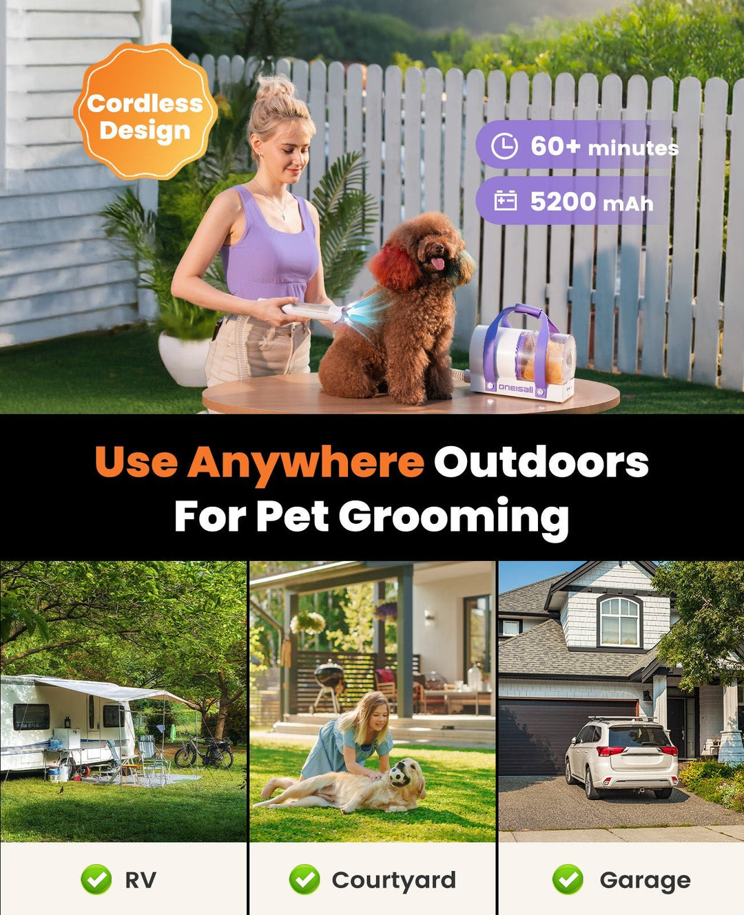 Cordless pet grooming vacuum